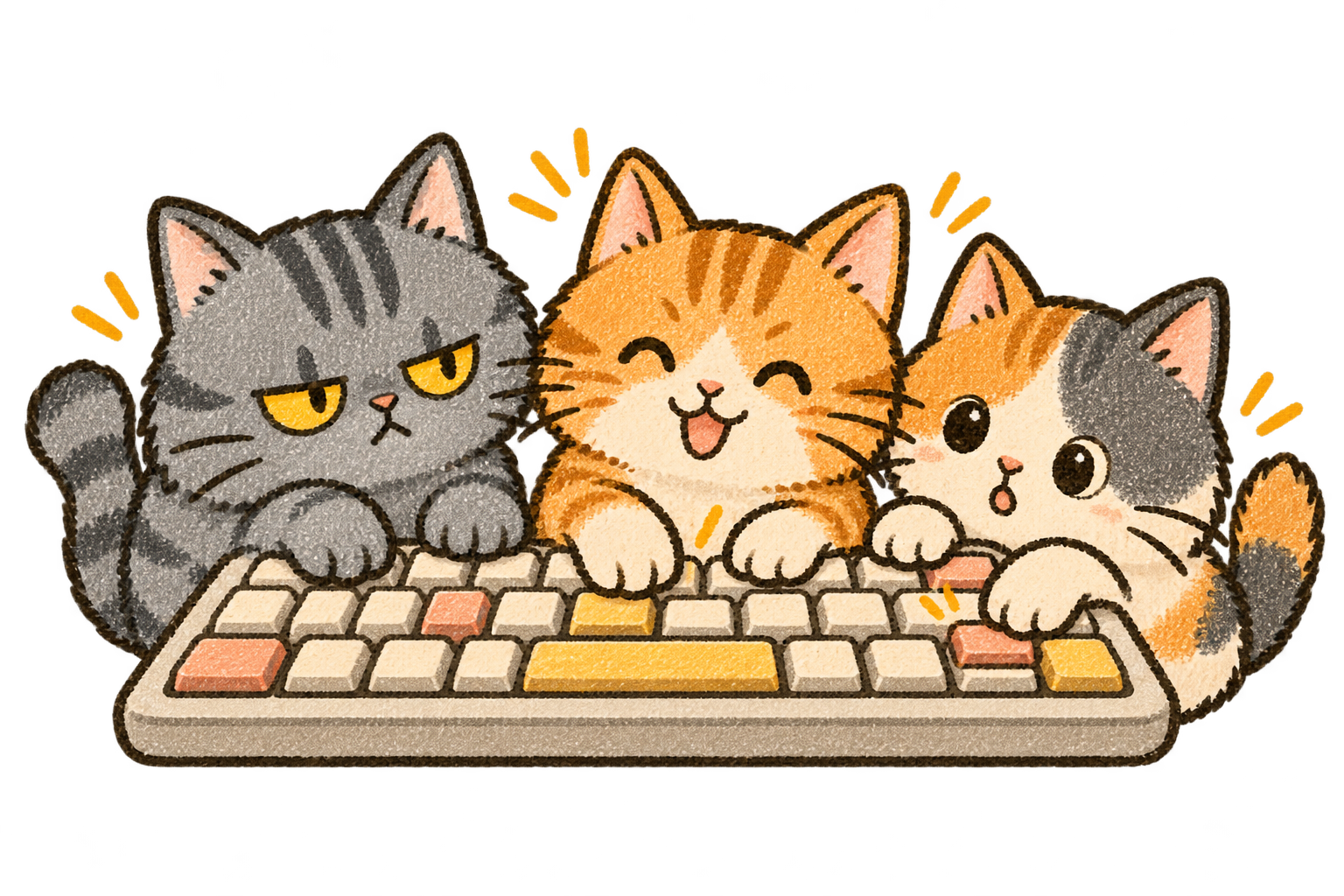 キーボードに前足をのせる、グレー、茶トラ、三毛の3匹の猫